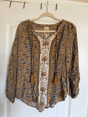 Bohemian Mustard Floral V‑Neck Tie Blouse